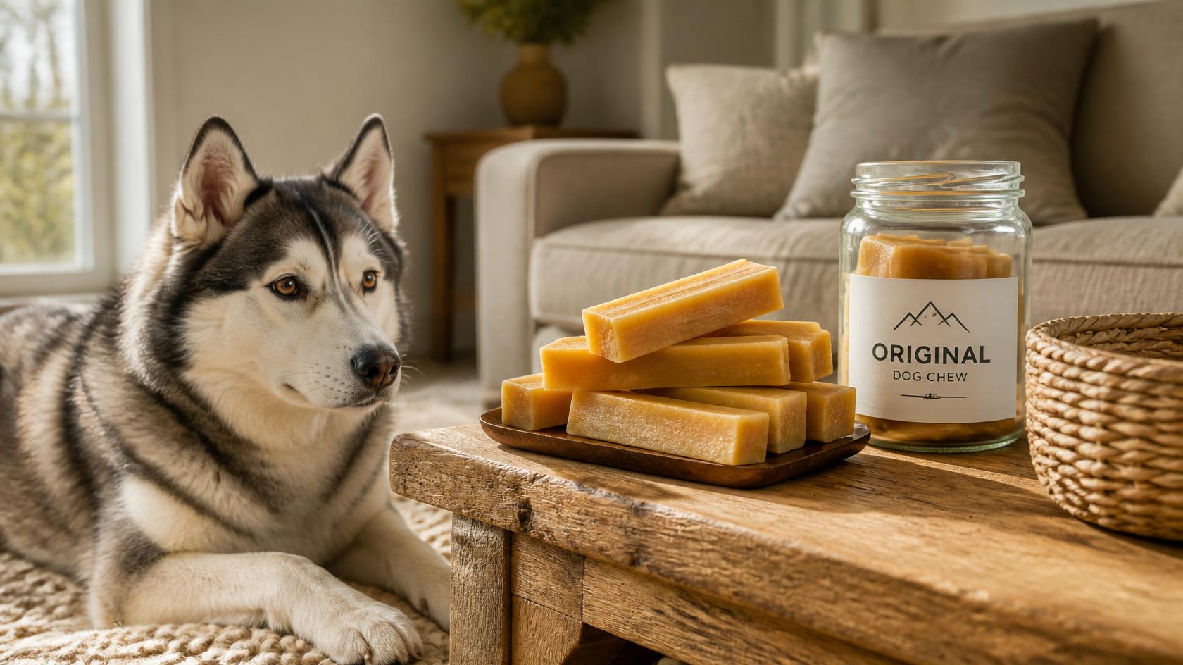 Dog fixated on an Original Chews yak chew